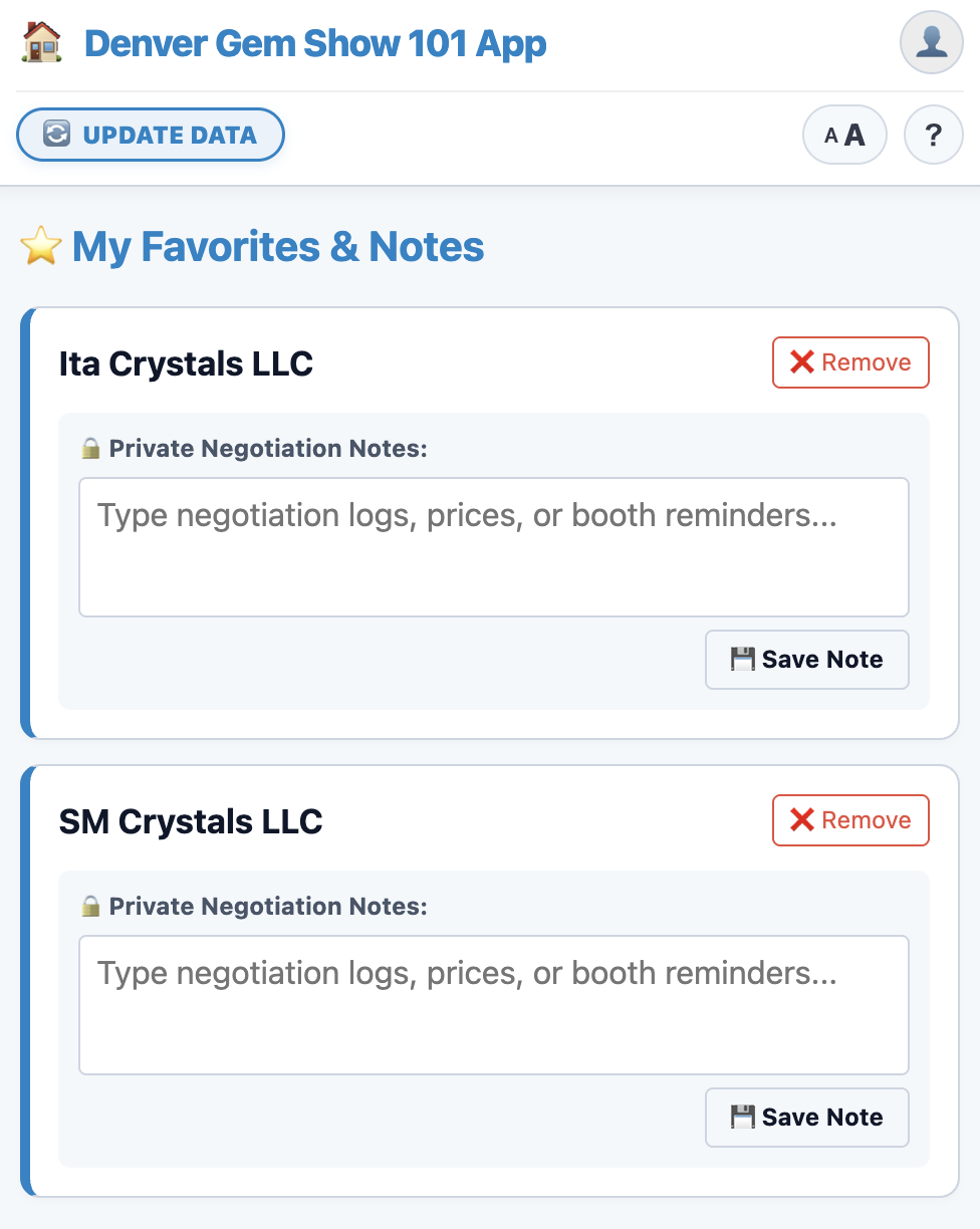 Denver Gem Show 101 App Favorite Notes