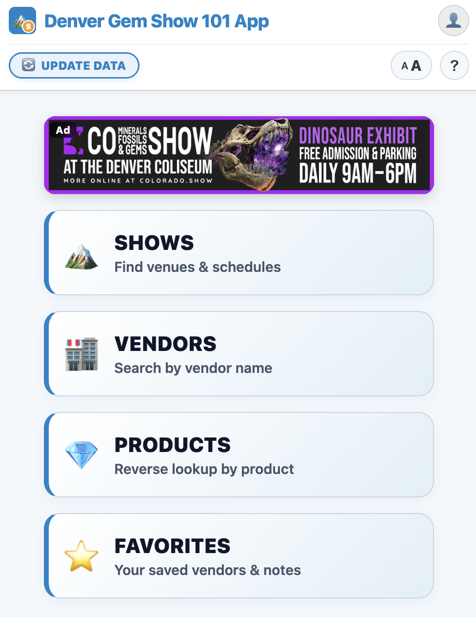 Denver Gem Show 101 App Home Screen