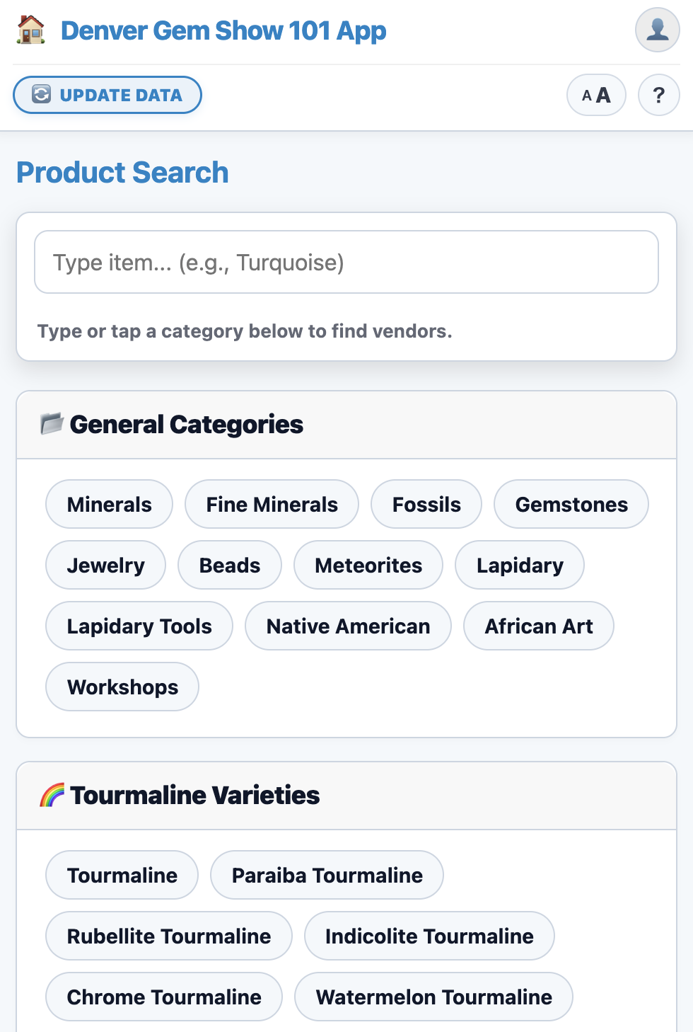 Denver Gem Show 101 App Product Search