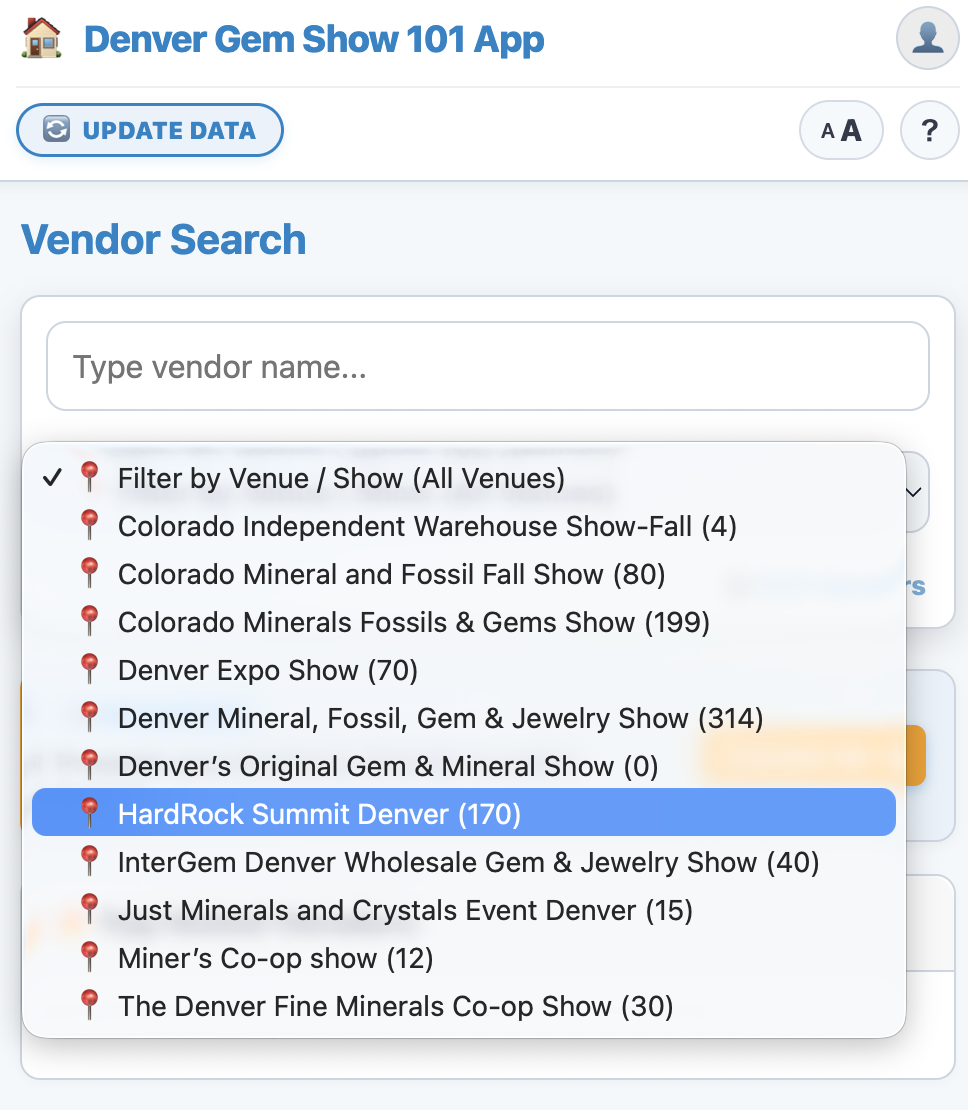 Denver Gem Show 101 App Vendors Search